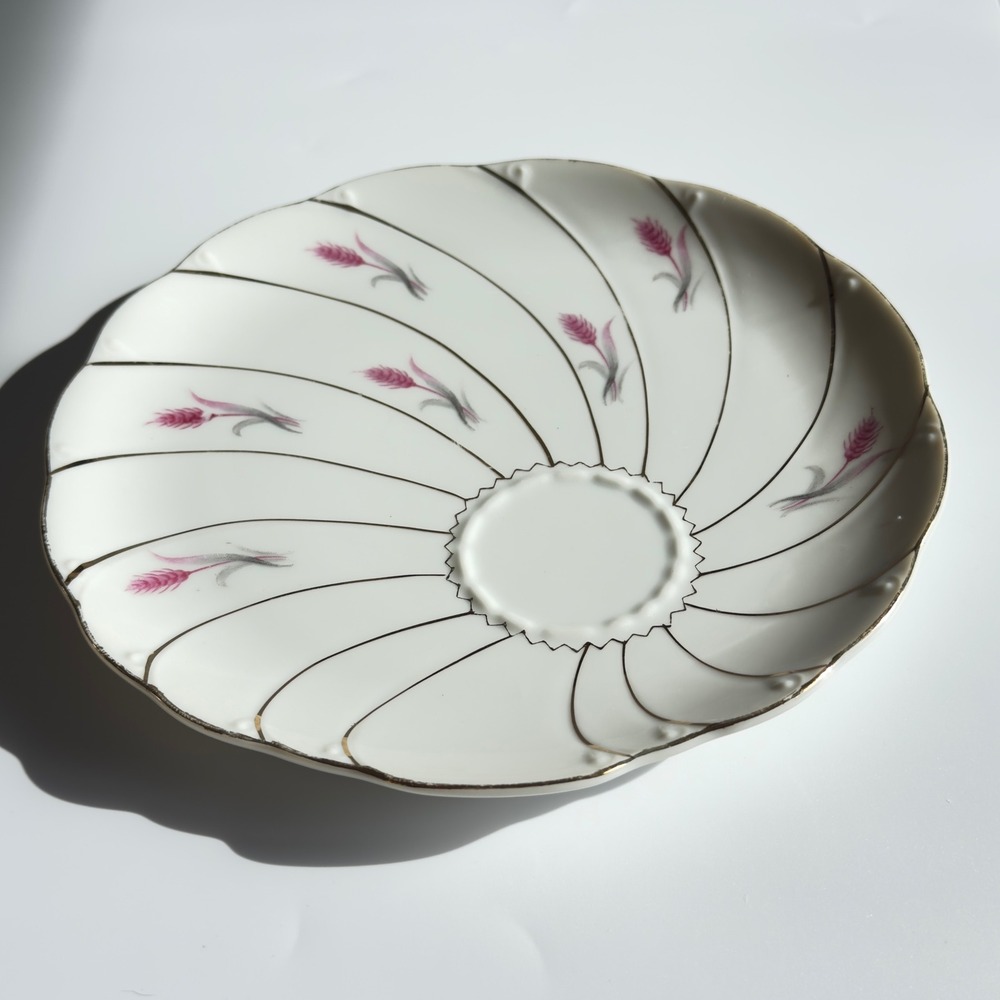 Yamaka China Pink Wheat Saucer Porcelain Silver Trim White 7.5" Vintage Japan